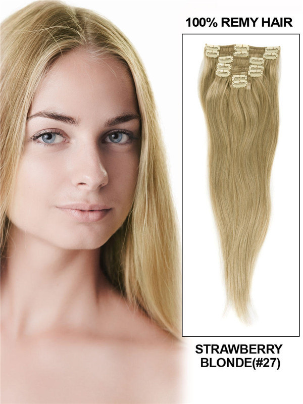 Strawberry Blonde(#27) Deluxe Straight Clip In Human Hair Extensions 7 Pieces 2
