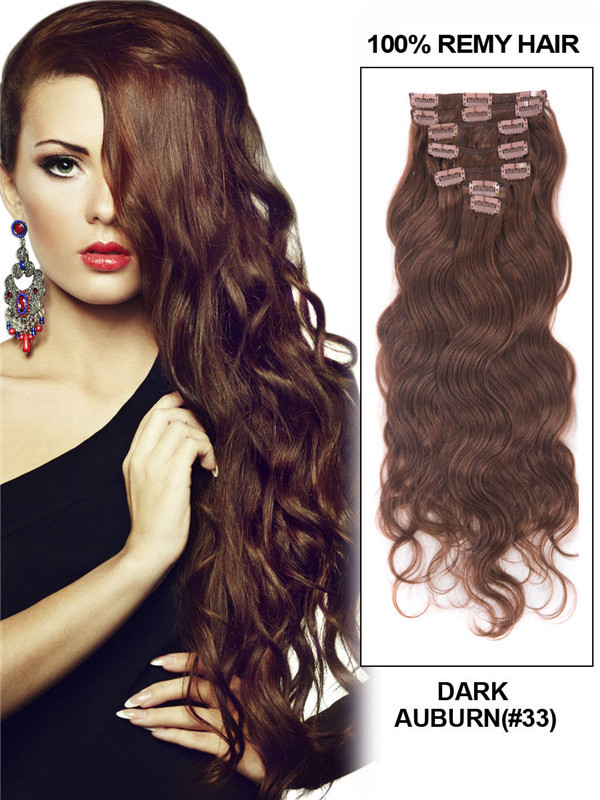 Mörk Auburn(#33) Premium Body Wave Clip In Hair Extensions 7 delar 0