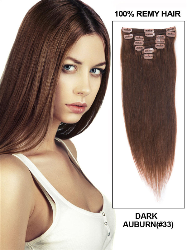 Dark Auburn(#33) Deluxe Straight Clip In Human Hair Extensions 7 Pieces 0