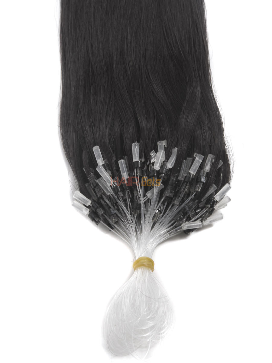 وصلات شعر بشري بحلقة صغيرة 100 خيوط حريري مستقيم أسود طبيعي (# 1B) 1