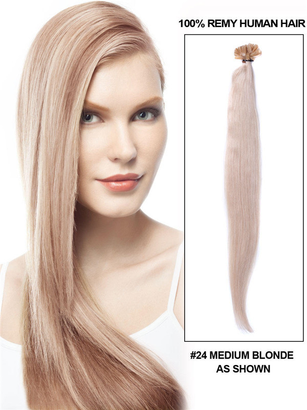 50 stykker silkeaktig rett neglespiss/U-spiss Remy Hair Extensions Medium Blond(#24) 0