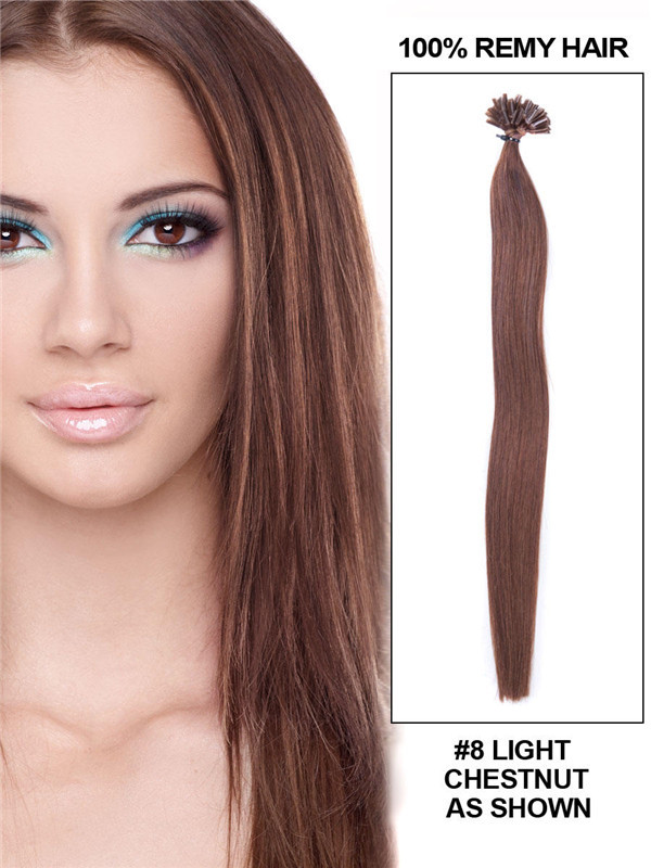 50 stykker silkeaktig rett neglespiss/U-spiss Remy Hair Extensions Light Chestnut(#8) 0