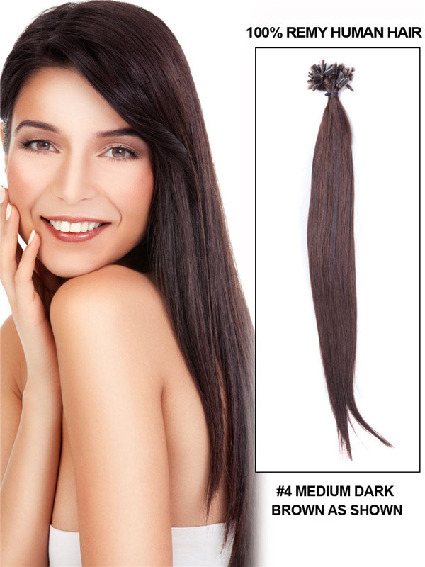 50 Piece Silky Straight Remy Nail Tip/U Tip Hair Extensions Medium Brown(#4) 0