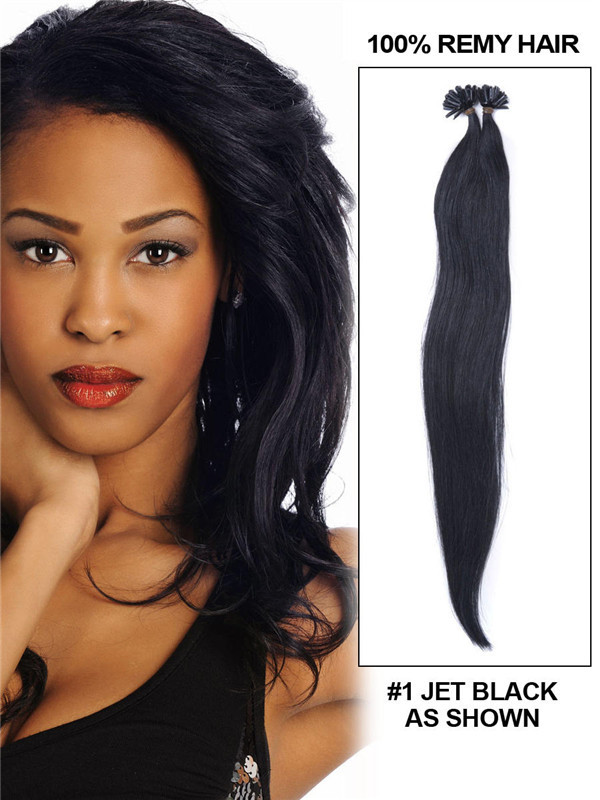 50 extensiones de cabello con punta de uñas Remy rectas y sedosas/punta en U, color negro azabache (n.º 1) 0