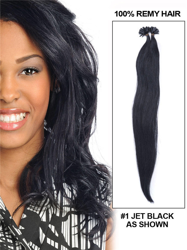 50 delar Silky Straight Remy Nail Tip/U Tip Hårförlängningar Jet Black(#1) 1