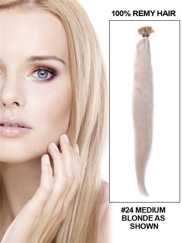 50 stykker silkeaktig rett neglespiss/U-spiss Remy Hair Extensions Medium Blond(#24)