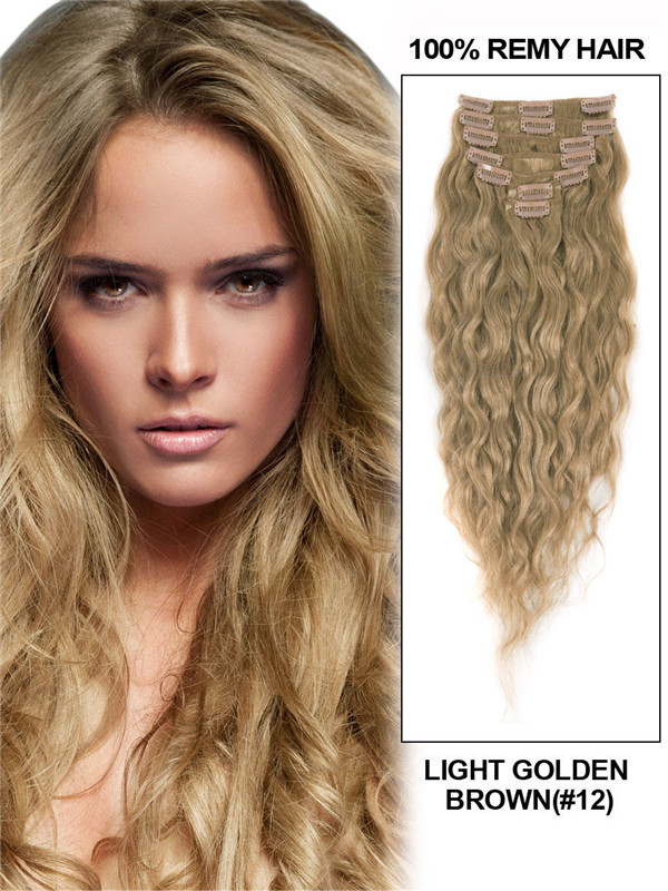 Light Golden Brown(#12) Premium Kinky Curl Clip In Hair Extensions 7 Pieces