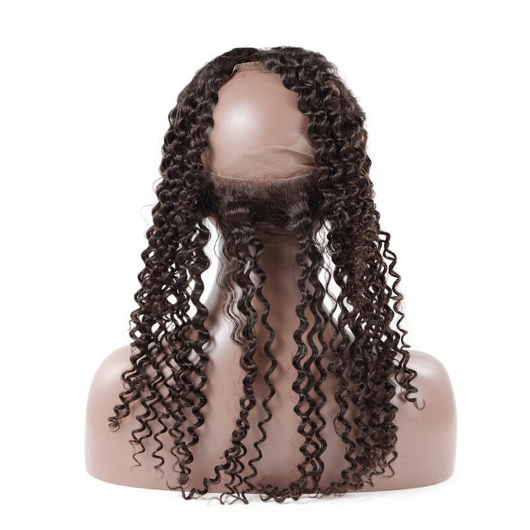 Människohår Frontal, Curly 360 Lace Frontal, 12-28 tum