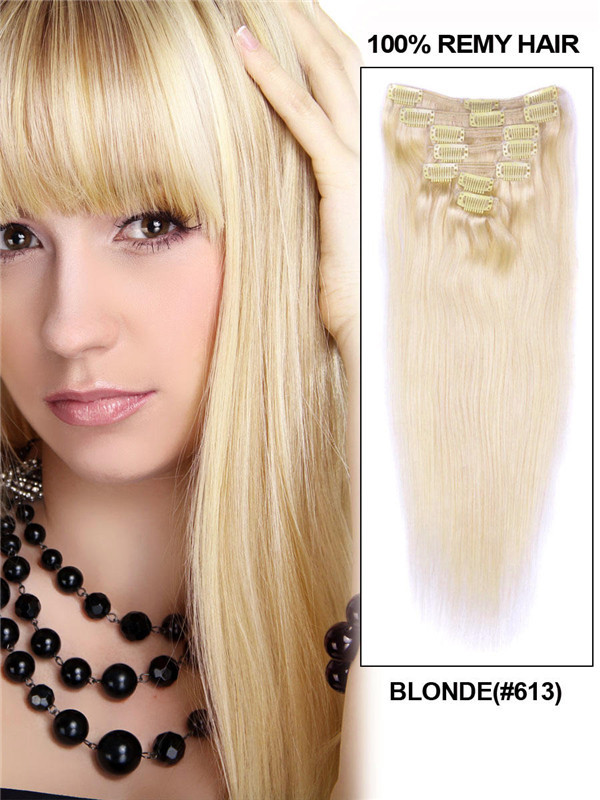 Bleach White Blond(#613) Deluxe Straight Clip In Human Hair Extensions 7 stk.