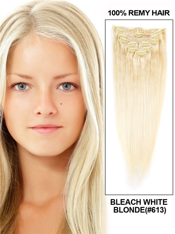 Bleach White Blonde(#613) Ultimate Straight Clip In Remy Hair Extensions 9 delar