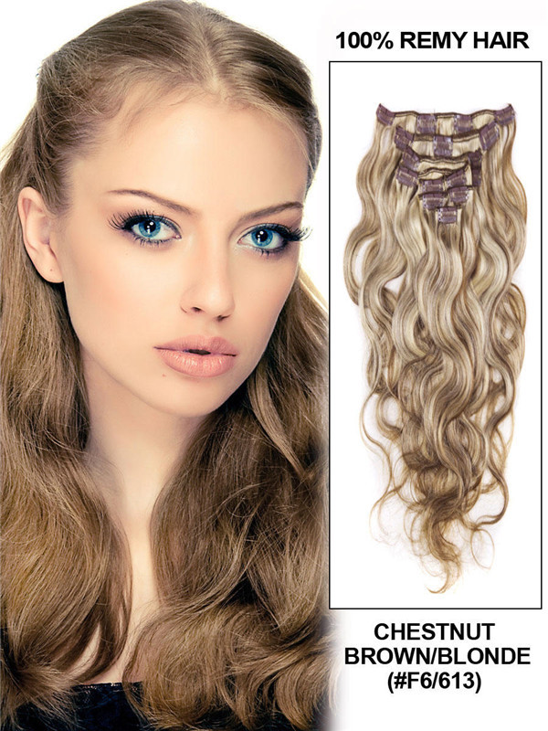 Kastanienbraun/Blond (#F6-613) Premium Body Wave Clip In Hair Extensions 7 Stück