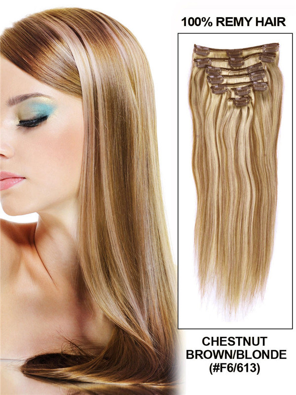 Kastanjebruin/Blond (#F6-613) Premium Straight Clip In Hair Extensions 7 stuks