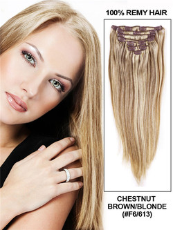 Kastanjebruin/Blond (#F6-613) Ultieme rechte Clip In Remy Hair Extensions 9 stuks