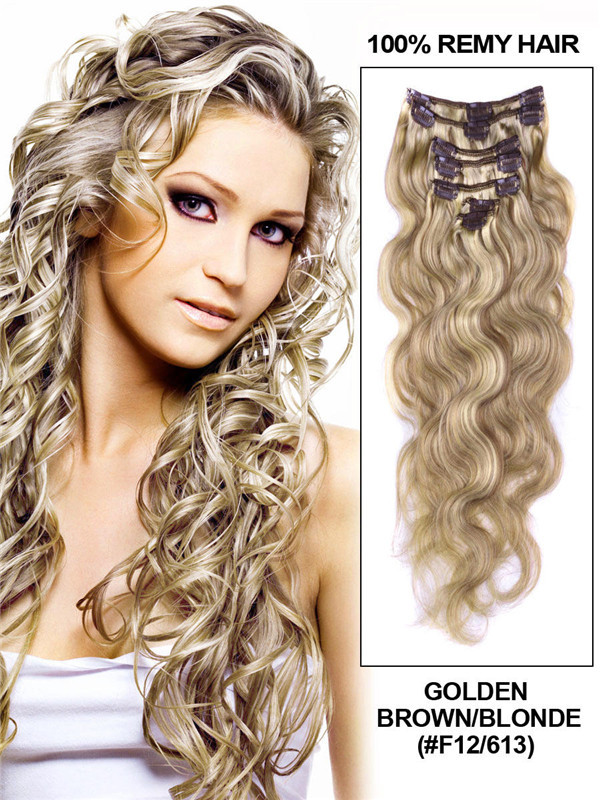 Gyllene brun/blond(#F12-613) Deluxe Body Wave Clip i människohårförlängningar 7 delar