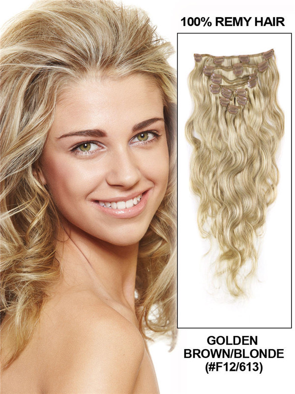 Golden Brown/Loira(#F12-613) Ultimate Body Wave Clip em Extensões de Cabelo Remy 9 Peças