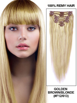 Golden Brown/Blonde(#F12-613) Extensions de cheveux droites à clips de qualité supérieure 7 pièces