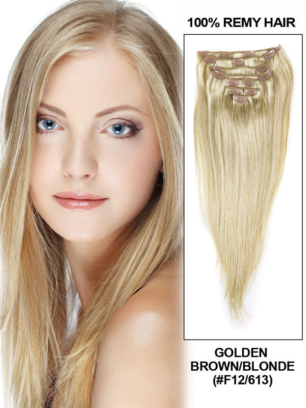 Goudbruin/Blond (#F12-613) Ultieme rechte Clip In Remy Hair Extensions 9 stuks