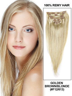 Gyllene brun/blond(#F12-613) Ultimate Rak Clip In Remy Hair Extensions 9 delar