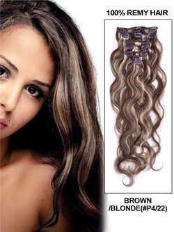 Brun/blond(#P4-22) Deluxe Body Wave Clip i menneskehårforlengelser 7 deler