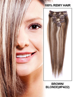 Brown/Blonde(#P4-22) Deluxe Straight Clip In Human Hair Extensions 7 Pieces cih116