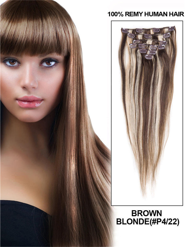 Bruin/Blond (#P4-22) Ultieme Rechte Clip In Remy Hair Extensions 9 Stuks