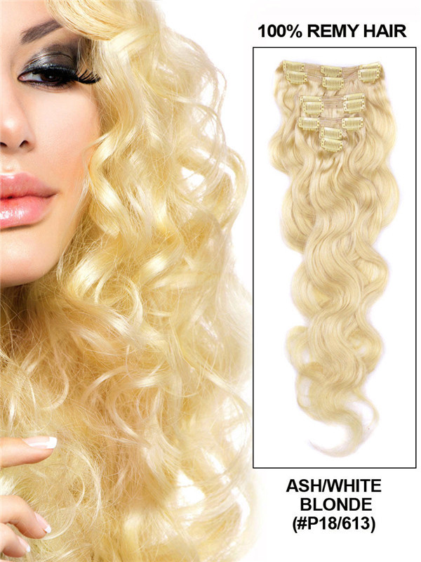 Rubio ceniza/blanco (#P18-613) Extensiones de cabello con clip de ondas corporales premium 7 piezas