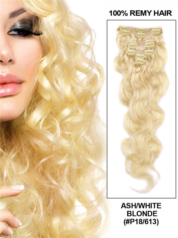 Blond cendré/blanc(#P18-613) Extensions de cheveux humains à clips de luxe Body Wave 7 pièces