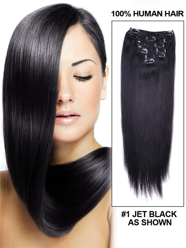 Jet Black(#1) Straight Deluxe Clip In Echthaarverlängerungen 7 Stück