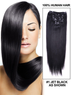 Jet Black(#1) Straight Deluxe Clip-in Extensions van echt haar 7 stuks