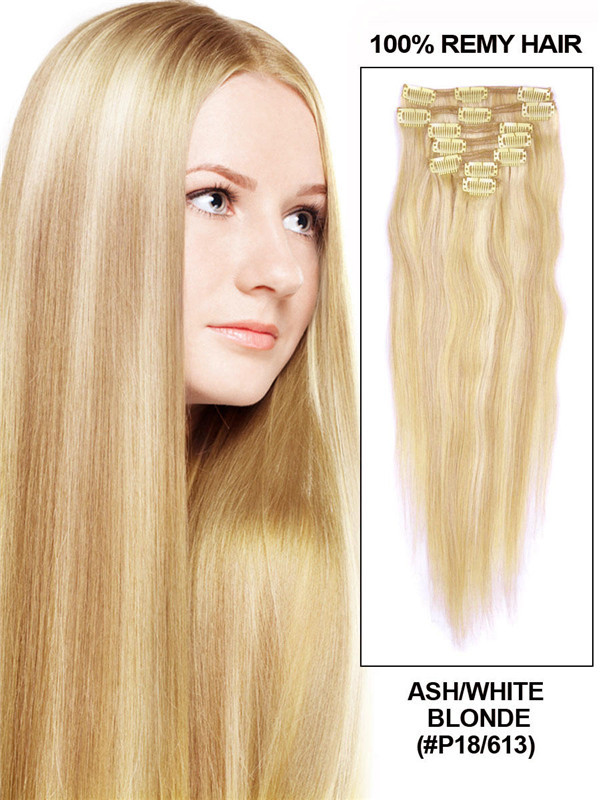 Asche/Weißblond (#P18-613) Deluxe Straight Clip In Echthaarverlängerungen 7 Stück