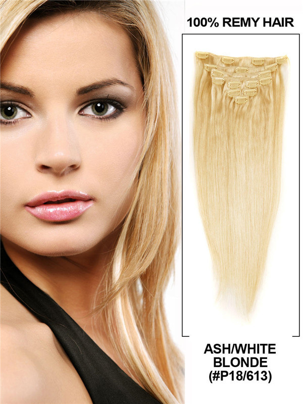 Ask/hvitblond(#P18-613) Ultimate Straight Clip In Remy Hair Extensions 9 stk.