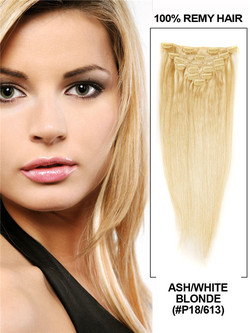 Ask/hvitblond(#P18-613) Ultimate Straight Clip In Remy Hair Extensions 9 stk.