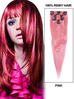 Pink(#Pink) Klip Lurus Deluxe Dalam Sambungan Rambut Manusia 7 Keping