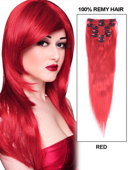 Red(#Red) Deluxe Straight Clip In Human Hair Extensions 7 Pieces cih128