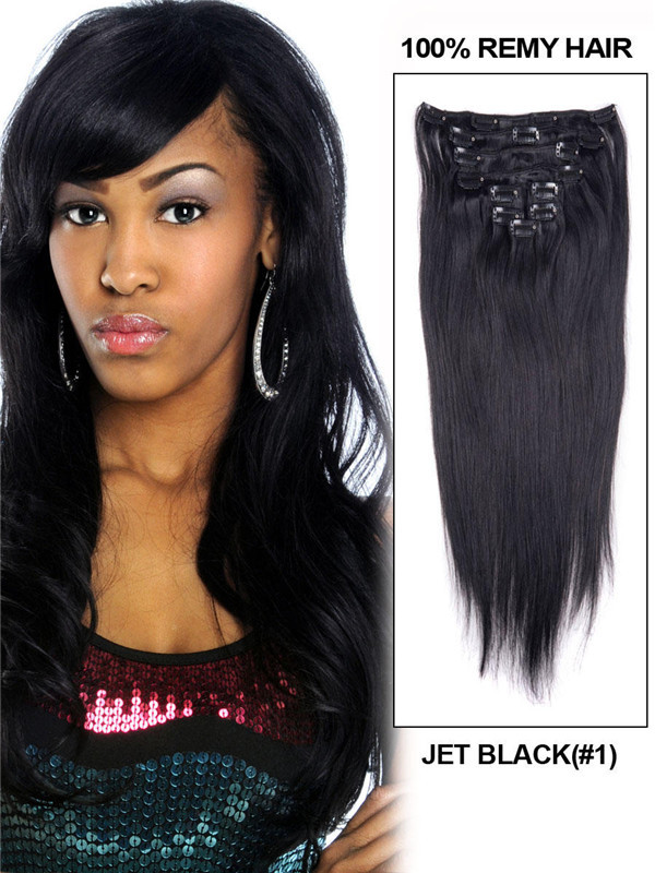 Extensões de cabelo Remy Black(#1) reta final em extensões de cabelo 9 peças