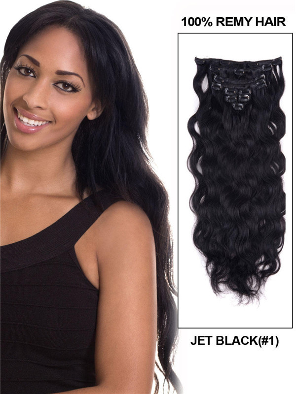 Jet Black(#1) Body Wave Deluxe Clip i människohårförlängningar 7 delar