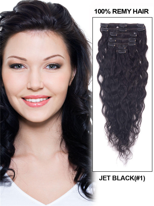 Jet Black(#1) Deluxe Kinky Curl Clip i mänskligt hårförlängning 7 delar