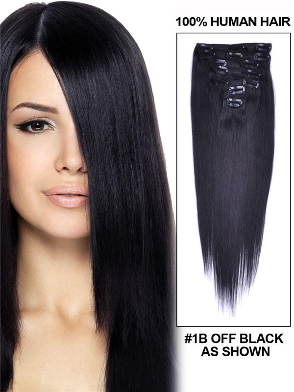 Naturlig sort(#1B) Deluxe Silkeagtig Straight Clip I Human Hair Extensions 7 stk.