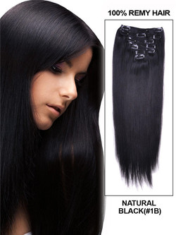 Natural Black (#1B) Premium Silky Straight Clip In Hair Extensions 7 Stück