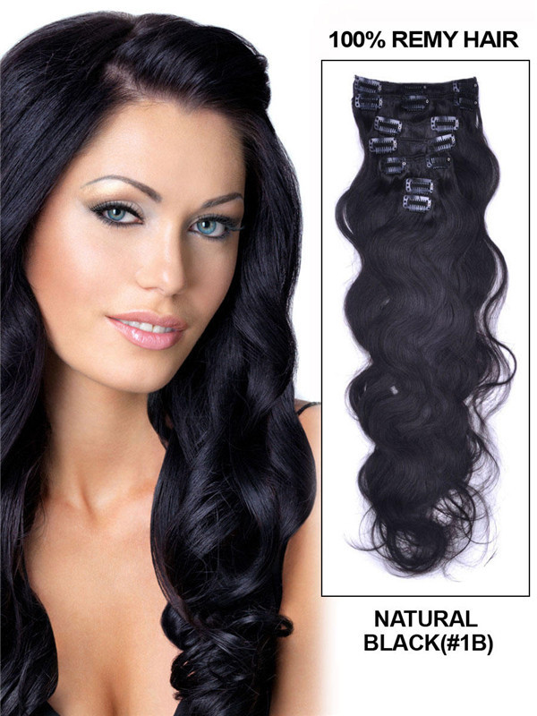 Natursvart(#1B) Premium Body Wave Clip In Hair Extensions 7 stk