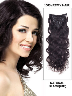 Clipe de onda corporal de luxo preto natural (#1B) em extensões de cabelo humano 7 peças