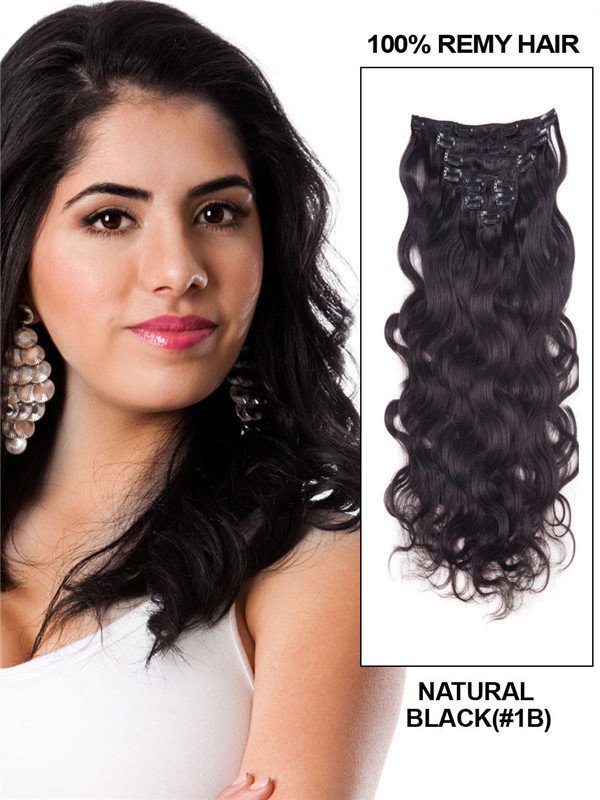 Clipe de onda corporal final preto natural (#1B) em extensões de cabelo remy 9 peças