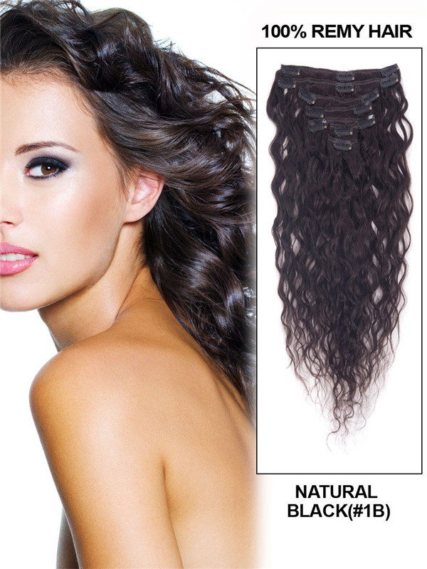 Natural Black (#1B) Deluxe Kinky Curl Clip In Extensions van echt haar 7 stuks