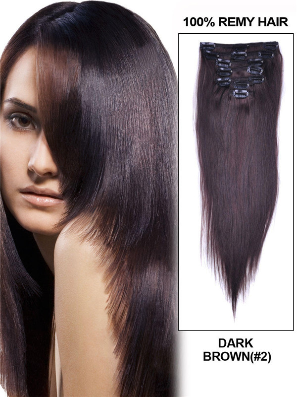 Marrón oscuro (n. ° 2) Clip recto sedoso premium en extensiones de cabello 7 piezas