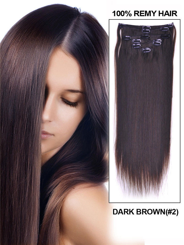 Donkerbruin(#2) Deluxe zijdeachtige rechte clip-in extensions van echt haar 7 stuks