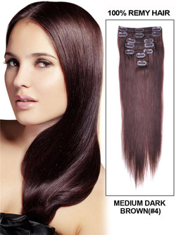 Средне-коричневые (# 4) роскошные прямые зажимы для наращивания человеческих волос, 7 шт.