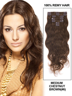 Medium Chestnut Brown(#6) Deluxe Body Wave Clip i menneskehårforlengelser 7 deler