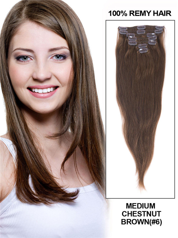 Medium Chestnut Brown(#6) Premium Straight Clip In Hair Extensions 7 Pieces