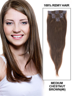 Brun châtain moyen (#6) Extensions de cheveux droites à clips de qualité supérieure 7 pièces