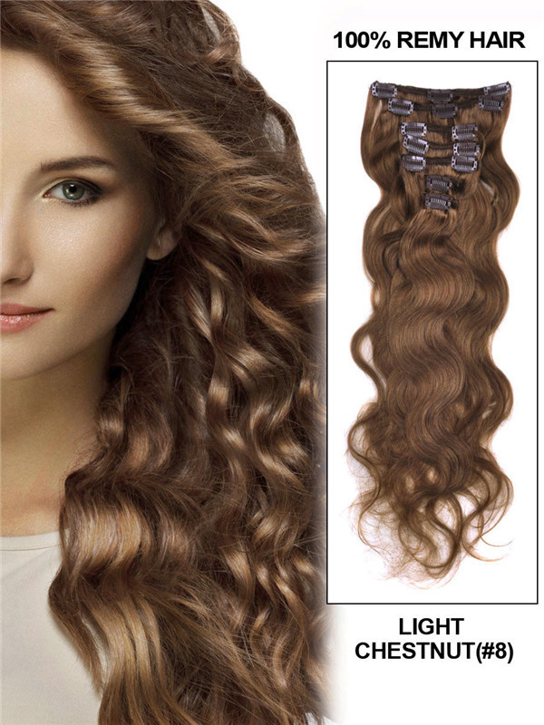 Light Chestnut (#8) Premium Body Wave Clip In Hair Extensions 7 stuks